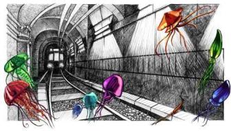 Subway tunnel transforms into an enchanting underwater haven, where vibrant jellyfish drift gracefully. This fusion of urban and marine worlds creates a mesmerizing, dreamlike scene.