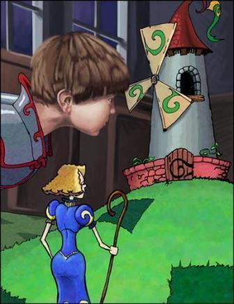 Bo Peep stands in front of a whimsical windmill, while a curious boy peers into her cartoon world from the real one. The broken book