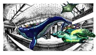 A surreal subway station becomes a grand underwater passage, where a majestic whale, a graceful sea turtle, and elegant rays glide through. This whimsical scene merges urban transit with oceanic splendor.