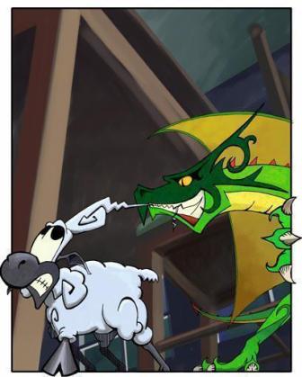 A startled sheep flees from a once-cuddly cat, now transformed into a fearsome dragon. The broken book