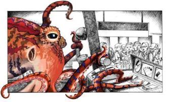 An octopus takes charge at a busy subway control room, its tentacles skillfully operating the controls. Commuters look on in awe and curiosity, witnessing an extraordinary blend of marine life and urban routine.