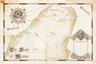 This imaginative map of Maine unveils a world where reality meets myth, featuring places like the Howling Grove of the Ghosts and the Hidden Valley of the Leprechauns. It invites you to explore the magic woven into every corner.