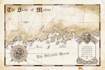 This enchanting map of Maine blends reality and fantasy, featuring whimsical locations like Unicorn Crossing and Fairy Haven. With intricate details, it captures the spirit of adventure and gratitude for life