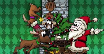 Santa encourages his playful reindeer as they decorate the Christmas tree. With holiday cheer and boundless energy, they bring the North Pole