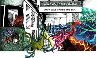 Imagine a subway station transformed into an underwater wonderland, teeming with vibrant marine life. Colorful corals, playful sea creatures, and a curious octopus turn daily commutes into a magical oceanic adventure.