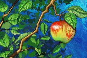 In the mystical depths of the forest, a single radiant apple hangs from a branch, surrounded by lush foliage. This enchanting scene hints at the hidden world of the Rockwall Goblins and their magical realm.