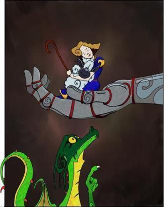 Bo Peep and her sheep find refuge in the protective hand of a boy, who is beginning to transform into a knight. Below, the menacing dragon looks up, creating a dramatic standoff in this enchanted, ever-changing world.