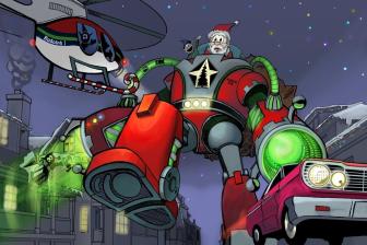 Santa commands his colossal Sleigh 2.0, a futuristic mech, to deliver presents with precision. With Rudolph 1 hovering nearby, it