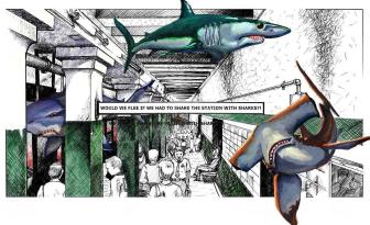 In a surreal twist, commuters navigate a subway station teeming with sharks. The bizarre scene raises a thought-provoking question: would we flee or adapt to share our space with these marine predators?