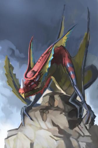 Perched atop a rocky peak, the Kite Dragon spreads its vibrant wings, ready to soar. Its sleek body and piercing gaze dominate the stormy skies, a true master of the wind.