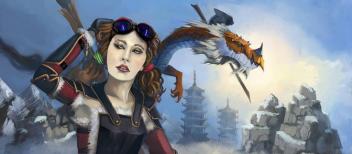 With determination in her eyes, the adventurous warrior stands ready, bow in hand. Behind her, a majestic dragon soars above ancient pagodas and snow-capped mountains, embodying bravery and mysticism.